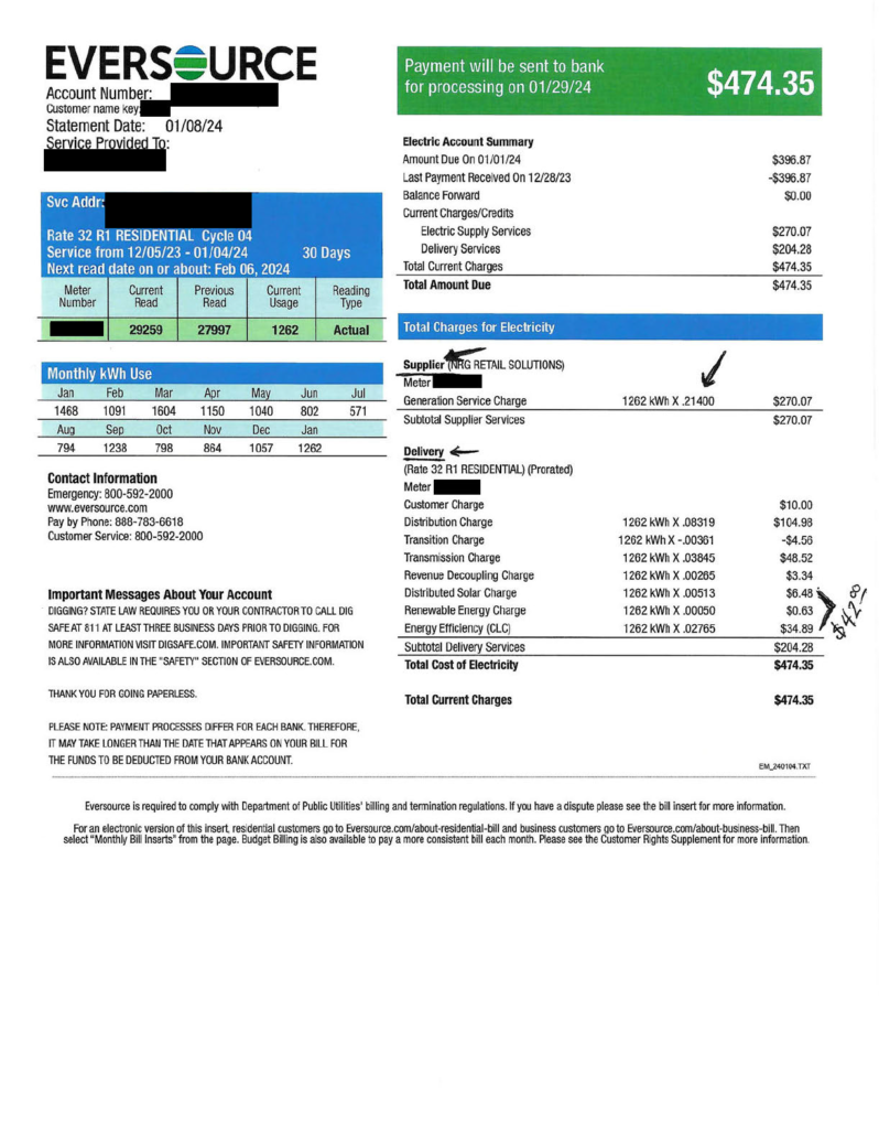 Massachusetts Electrical Bill Example