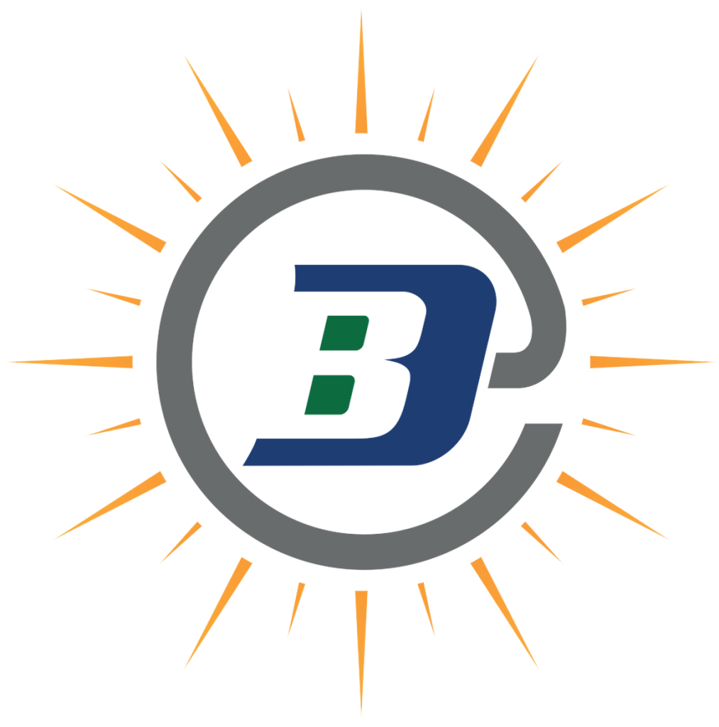 BD Electrical & Solar logo featuring a stylized "B" and "C" within a circular design, radiating sunbeams, symbolizing clean energy and electrical services in Massachusetts.