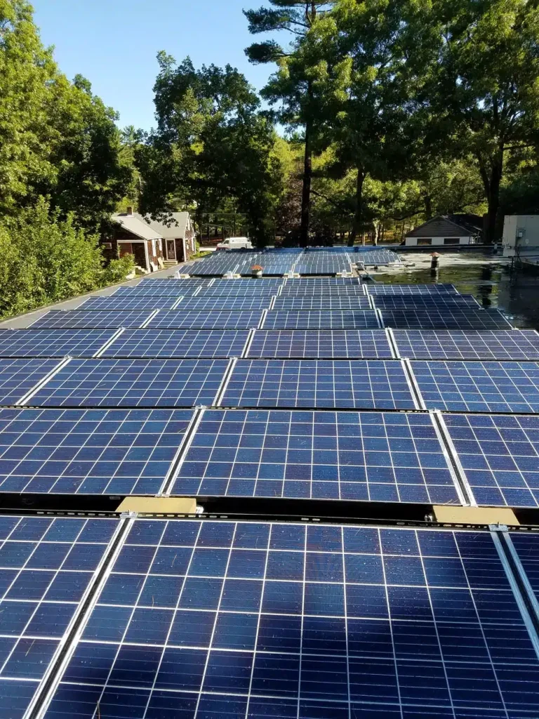 Solar panels installed on a roof surrounded by trees, showcasing a clean energy solution for commercial and residential properties, emphasizing the benefits of solar power in reducing energy costs.