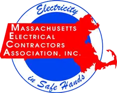 Logo of the Massachusetts Electrical Contractors Association (MECA) featuring a red outline of Massachusetts, blue circle background, and the text "Electricity in Safe Hands."