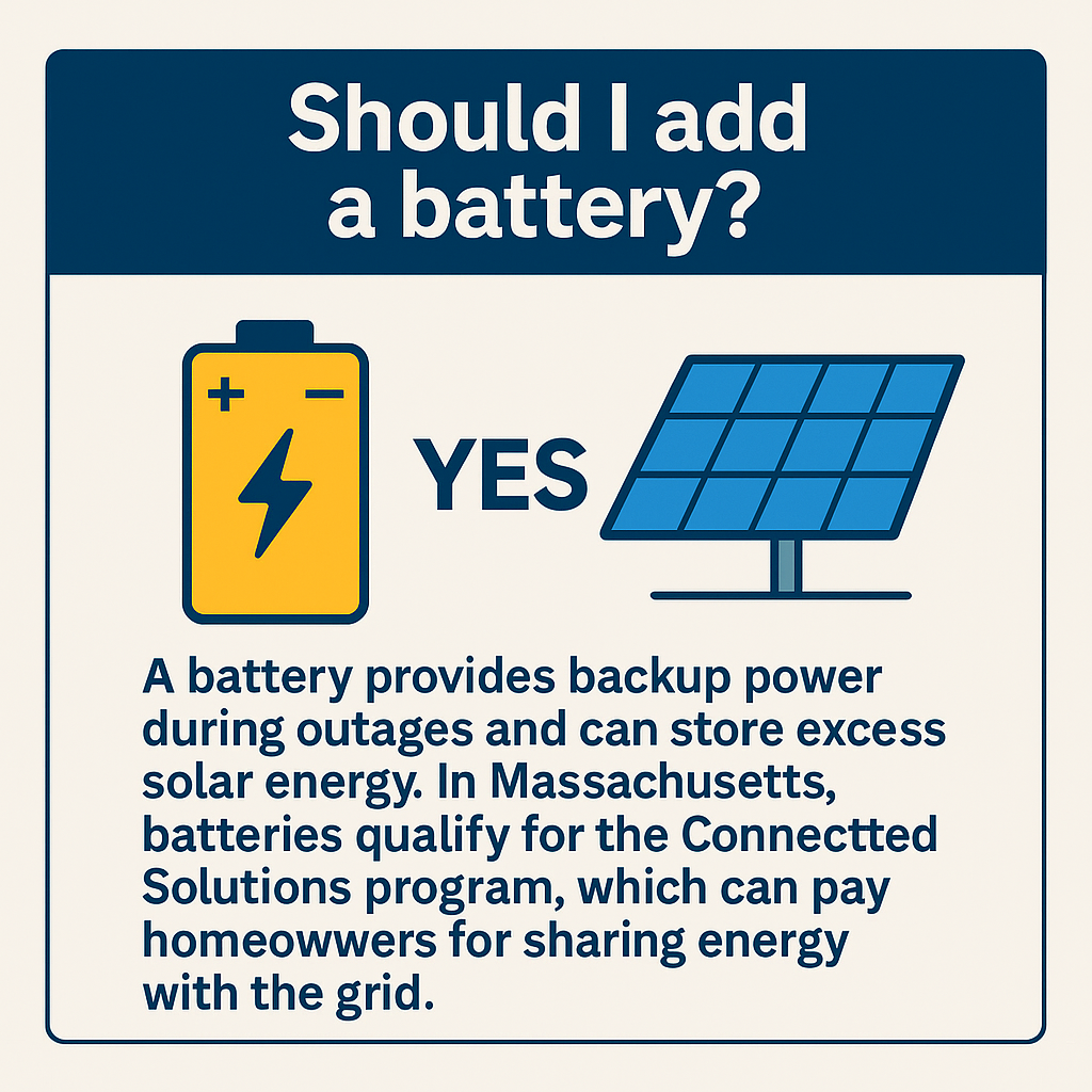 Should I add a battery? graphic featuring a battery icon with "YES" and a solar panel, explaining benefits of battery storage for solar energy and participation in Massachusetts' Connected Solutions program.