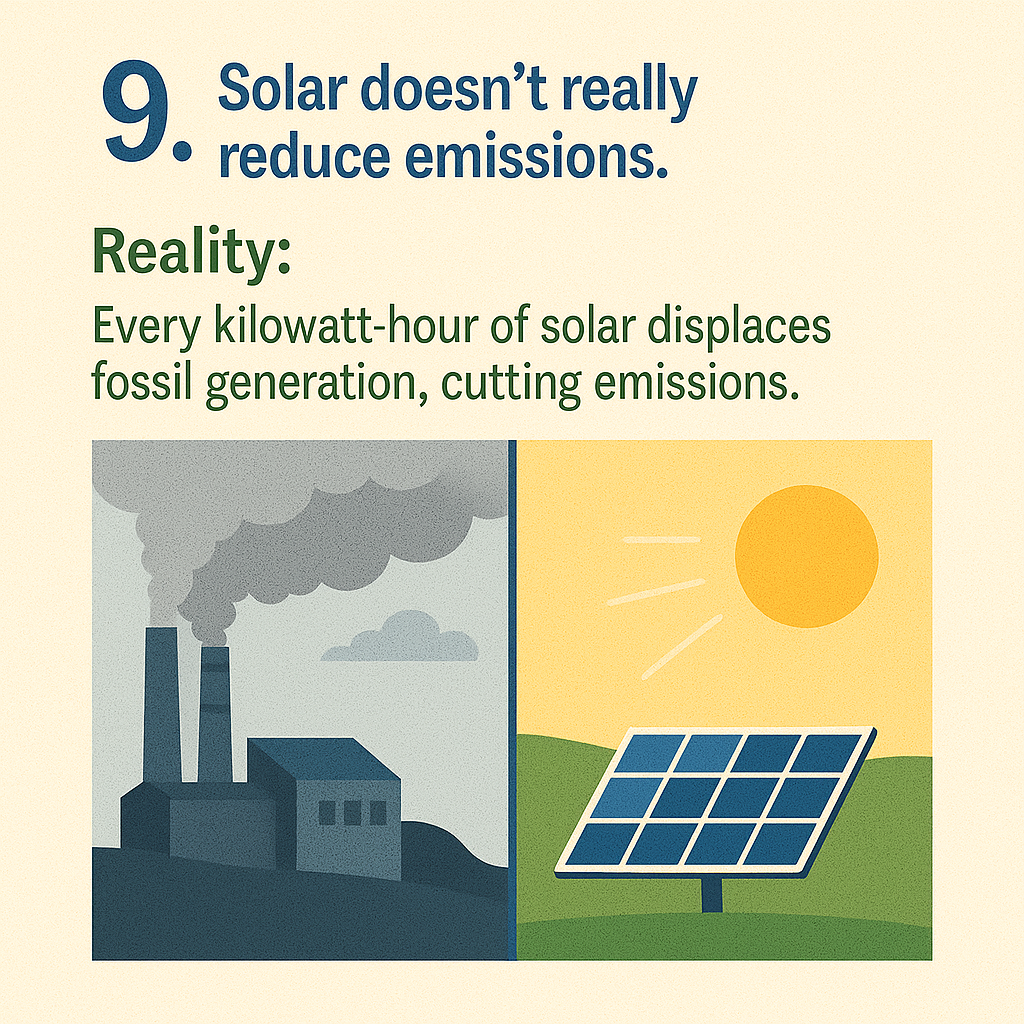 Solar energy benefits illustration contrasting emissions from fossil fuels and solar power, emphasizing that solar displaces fossil generation and reduces emissions.