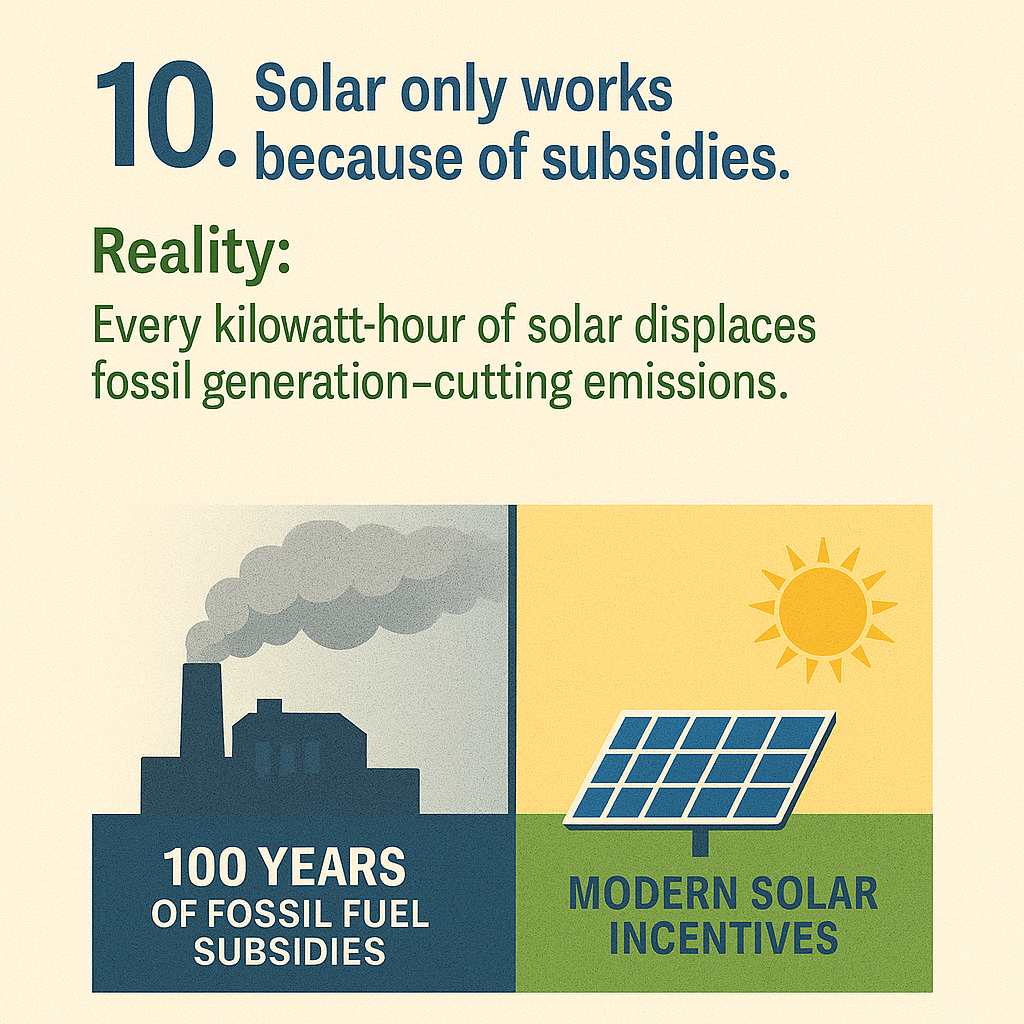 Solar energy myth debunking graphic illustrating the misconception that solar only works due to subsidies, featuring contrasting images of fossil fuel emissions and solar panels with the text "100 years of fossil fuel subsidies" and "modern solar incentives."