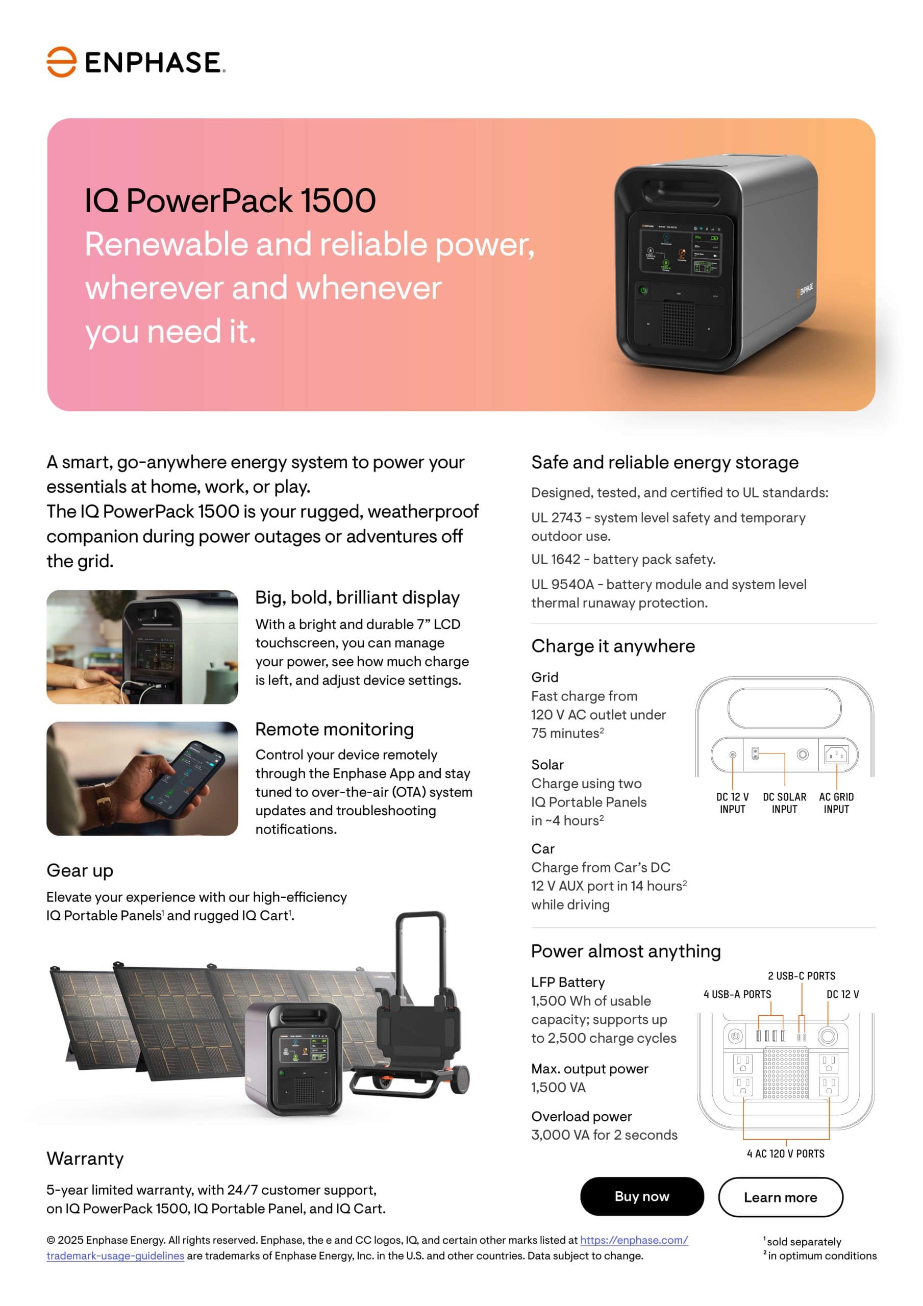IQ PowerPack 1500 energy system by Enphase, featuring a weatherproof design, LCD touchscreen for monitoring, and multiple charging options, emphasizing renewable power for home and outdoor use.