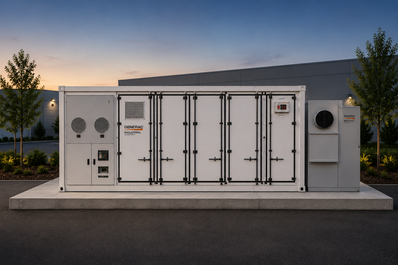 Commercial battery energy storage system installed on a concrete pad outside a commercial building