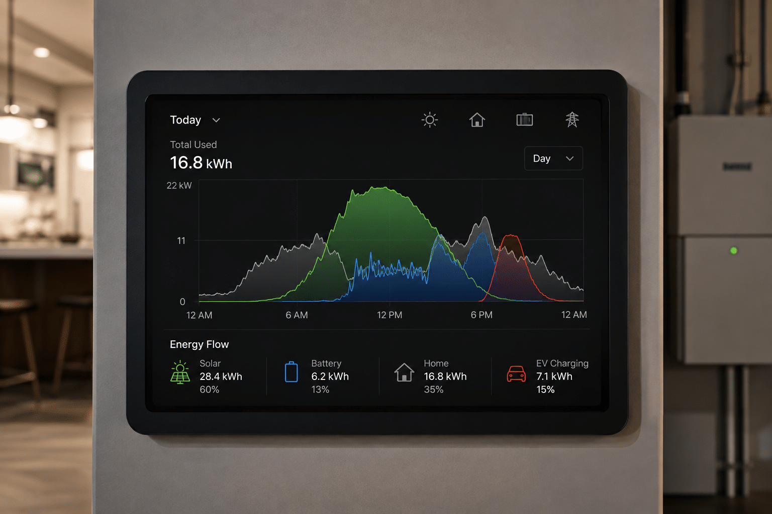 Home battery energy management system managing solar production, battery storage, and household electricity use
