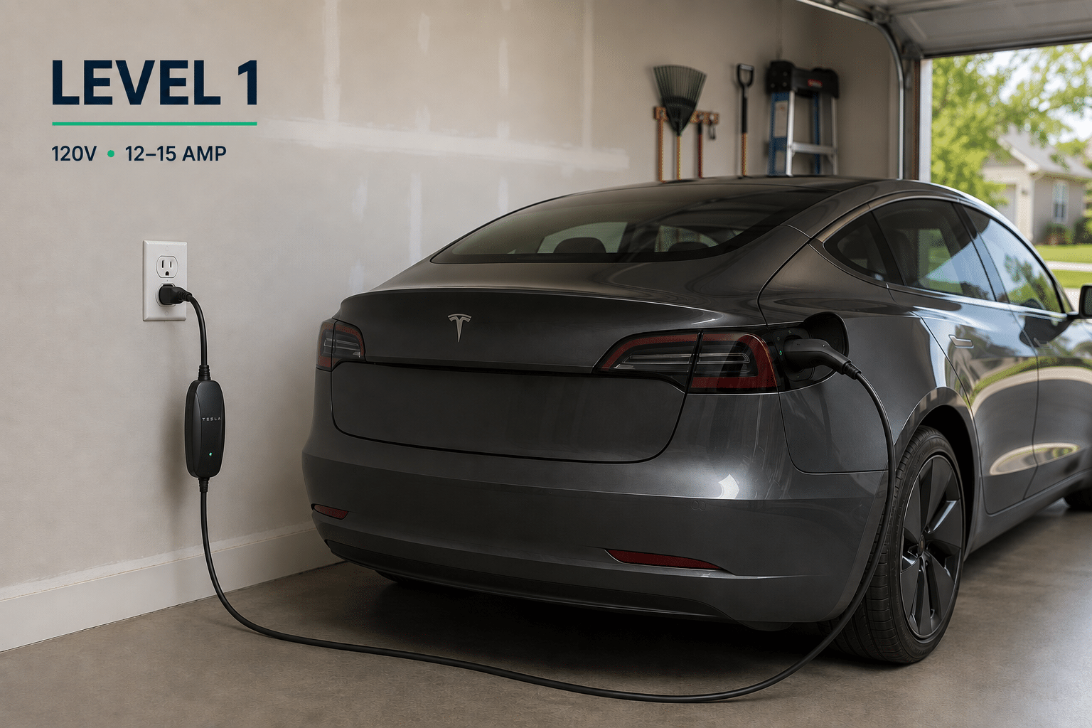 Level 1 EV charging in a garage, Tesla Model 3 plugged into a 120V outlet